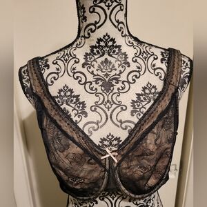 Cacique Black Lace Over Nude Non Padded Bra Sz 44C‎